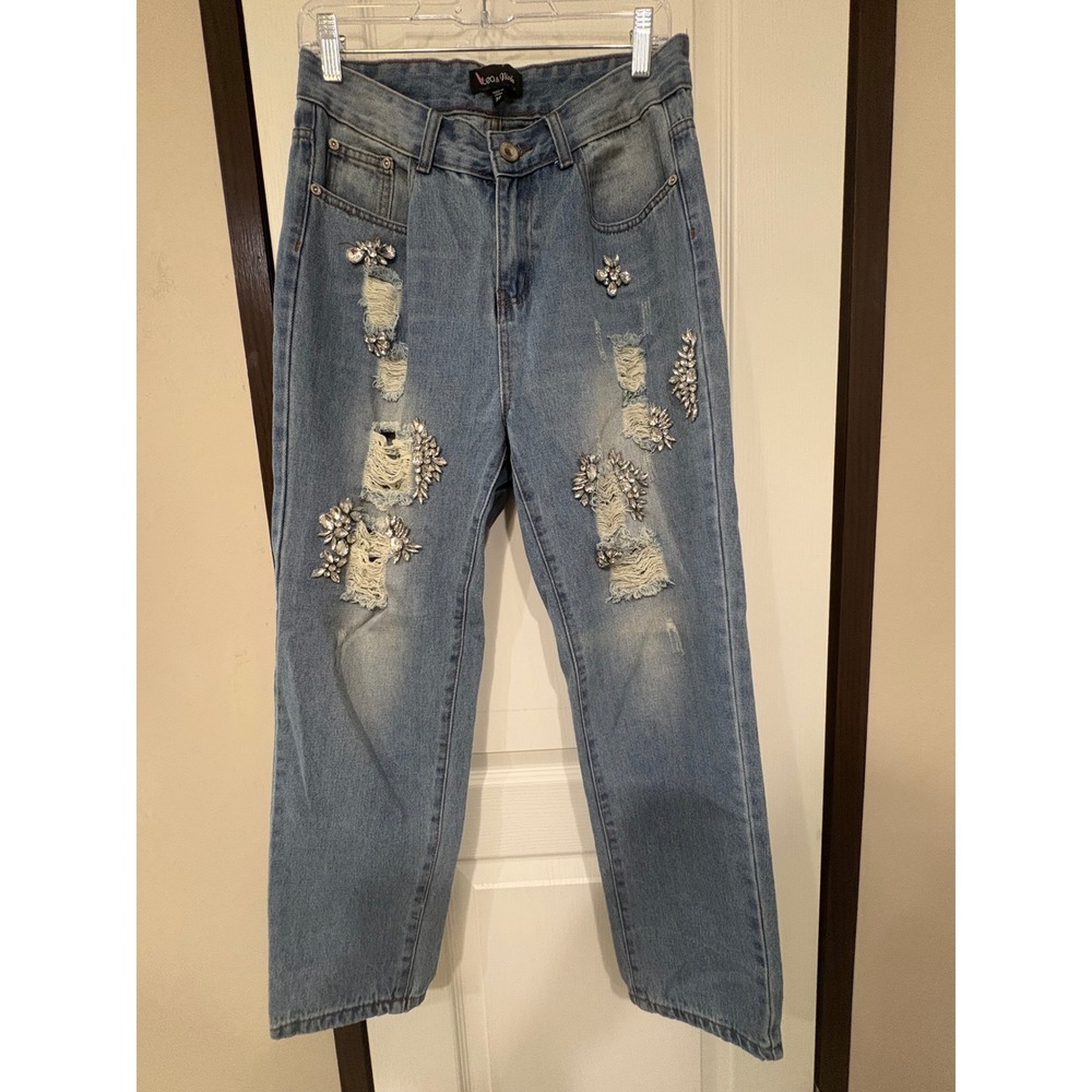 Lea & Viola Distressed Rhinestone Embellished Jeans Size 30 Light Wash